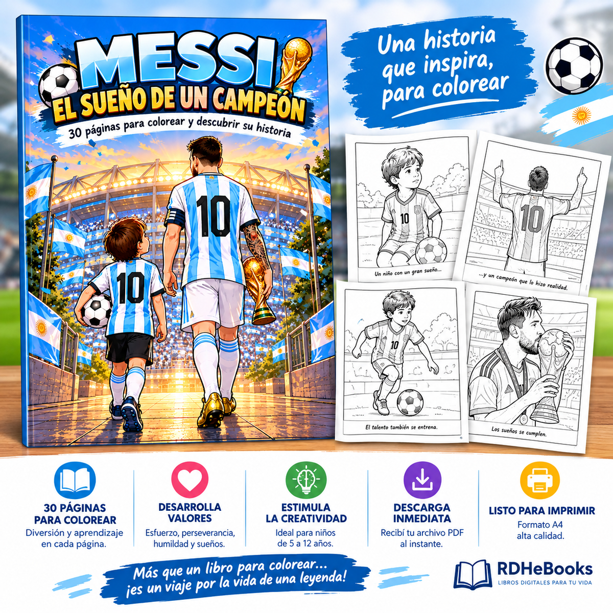 MESSI: EL SUEÑO DE UN CAMPEÓN ⚽🏆 | Libro para Colorear de 30 Páginas en PDF